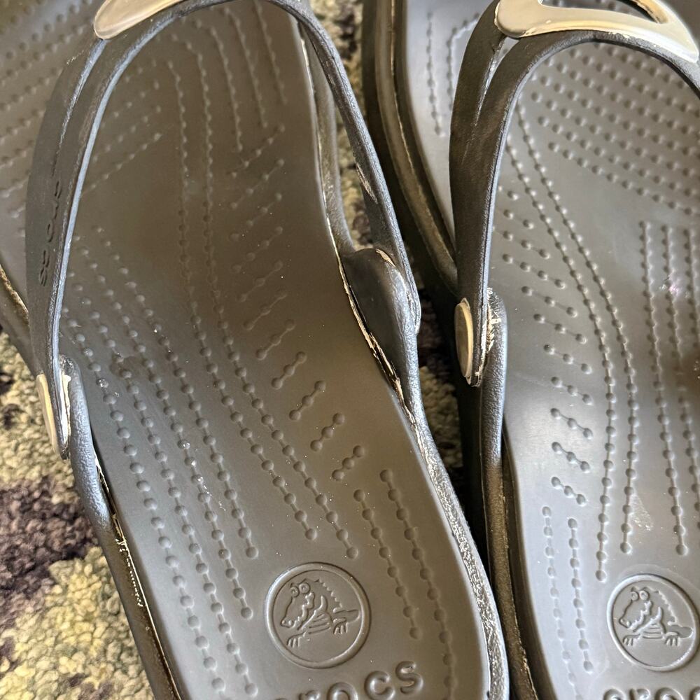 Black Women’s Crocs Light Wedge Rubber Thong Sandals with Silver Ring Detail - Picture 6 of 8